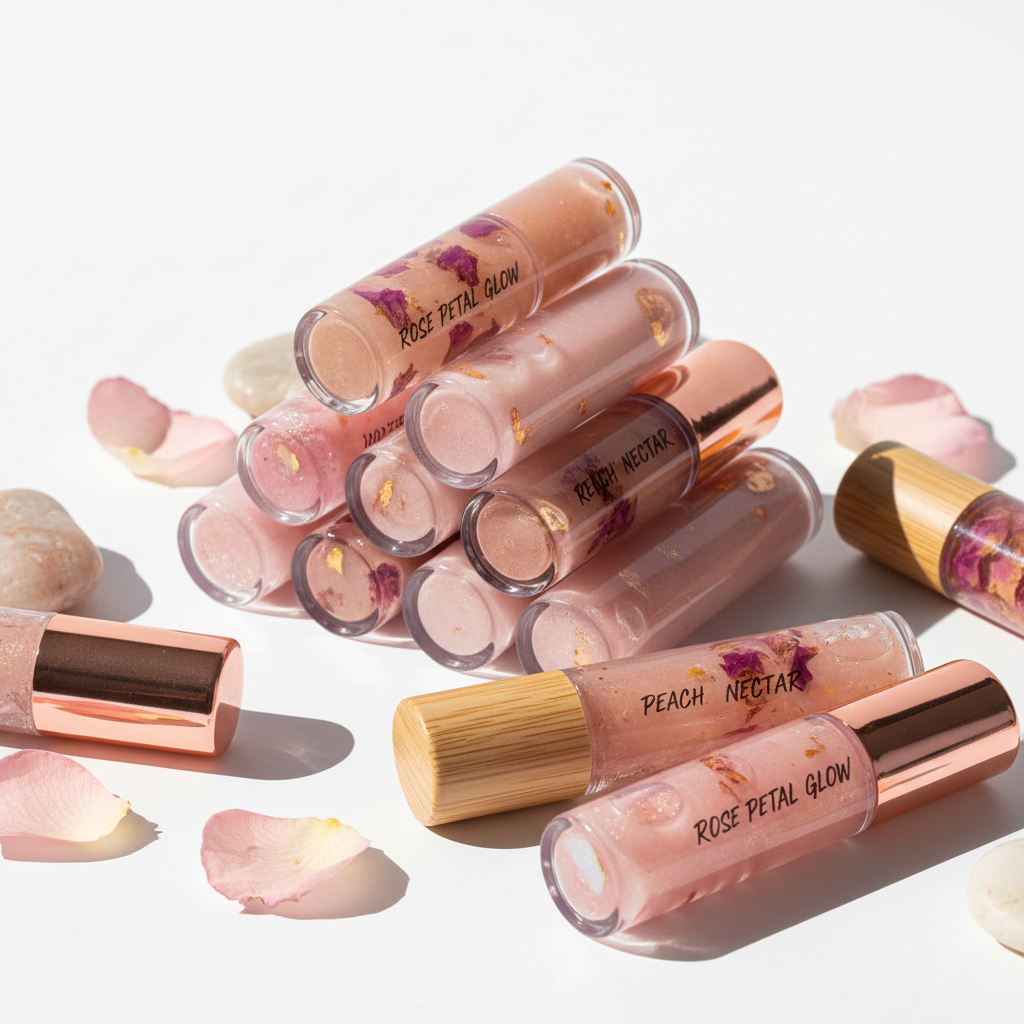 Homemade vegan lip gloss tubes in pink and nude shades