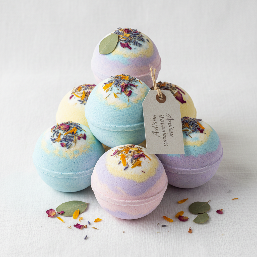 Colorful homemade vegan bath bombs with dried flowers and botanicals